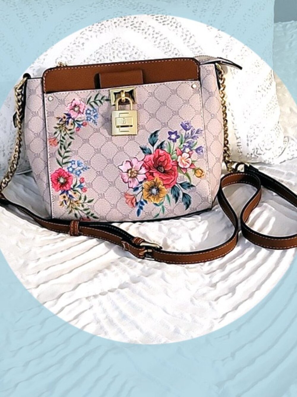 Bag FLORAL pattern STEVE MADDEN Crossbody leather strap with gold chain